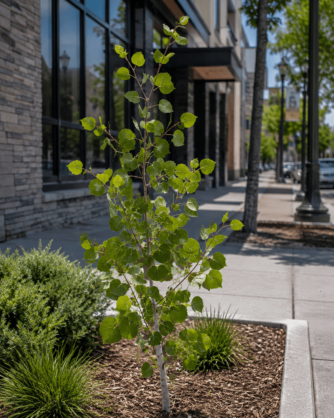 Young aspen tree with vibrant green leaves, surrounded by mulch and ornamental grasses, set against a modern urban backdrop.